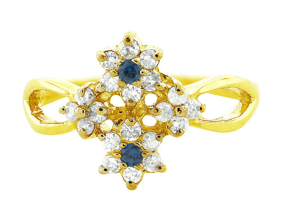 0.14 CT 10K Yellow Gold Round Blue Sapphire & Diamond Ladies Wedding Band Ring 