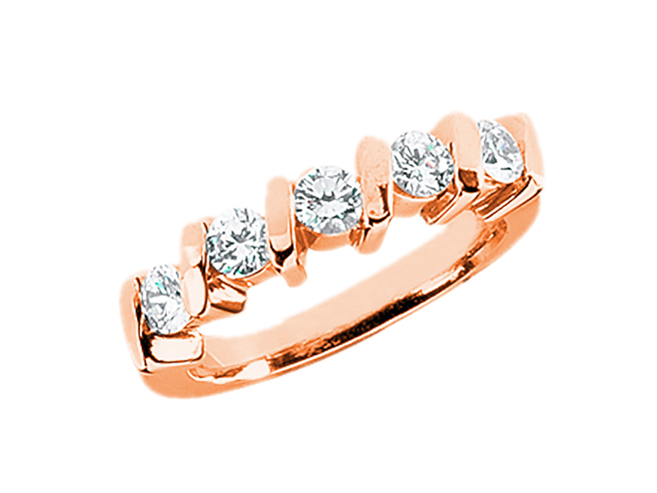 Bague alliance diamant 5 pierres 1,75 ct oblique or rose 18 carats ronde I SI2 canaux